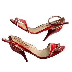 HUGO BOSS Vero Cuoio Leather Retro Red White Italian Studded Peep Toe Heels